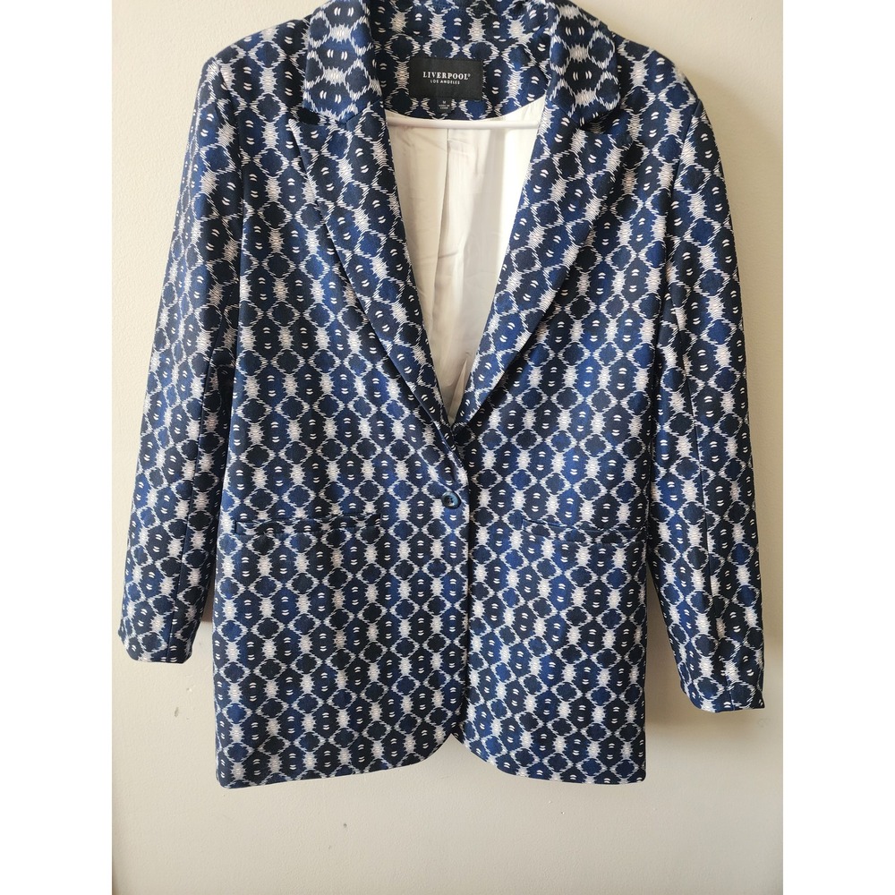 Liverpool Los Angeles Blue White Geometric Ikat Print Single Button Blazer M